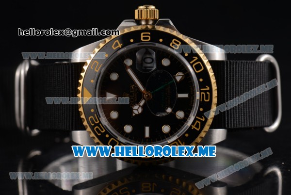 Rolex GMT-Master II Asia 2813 Automatic Steel Case with Black Dial and Black Nylon Strap Dot Markers - Click Image to Close